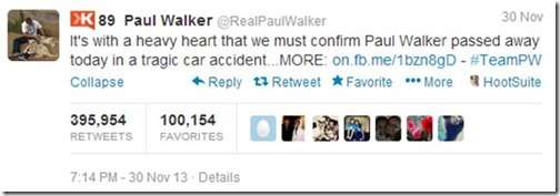 El tuit en la cuenta de Paul Walker donde se confirma su muerte